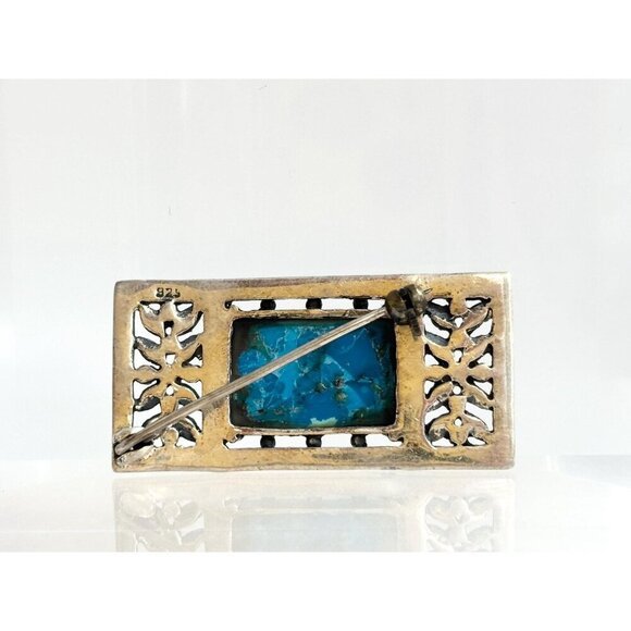 Art Deco Sterling Silver Natural Turquoise Marcasite Double Vintage Brooch Pin - Picture 5 of 10